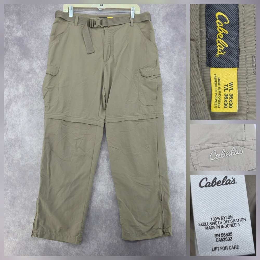 Cabelas Mens 36x30 Convertible Cargo Hiking Pants Green Zip Off Shorts Belted
